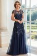 A Line Navy Scoop Neck Cap Sleeves Lace Mother of the Bride Dress Cheap