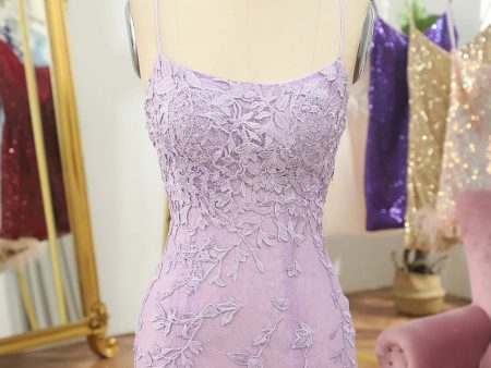 Purple Spaghetti Straps Backless Tight Homecoming Dress With Appliques on Sale