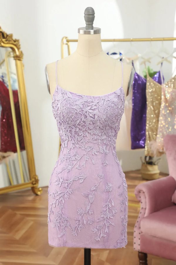 Purple Spaghetti Straps Backless Tight Homecoming Dress With Appliques on Sale