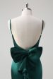 Dark Green Mermaid Spaghetti Straps Satin Bow Ruffle Long Bridesmaid Dress Online Hot Sale