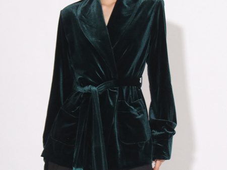 Dark Green Velvet Women Coat with Belt Online Sale