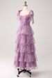 A Line Tiered Purple Printed Tea-Length Long Prom Dress For Sale