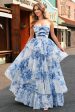 White Blue Flower A-Line Strapless Tiered Long Prom Dress with Bows For Discount