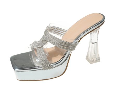 Silver Thick Sole Square Toe Rhinestone High Heel Sandals For Discount