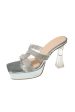 Silver Thick Sole Square Toe Rhinestone High Heel Sandals For Discount