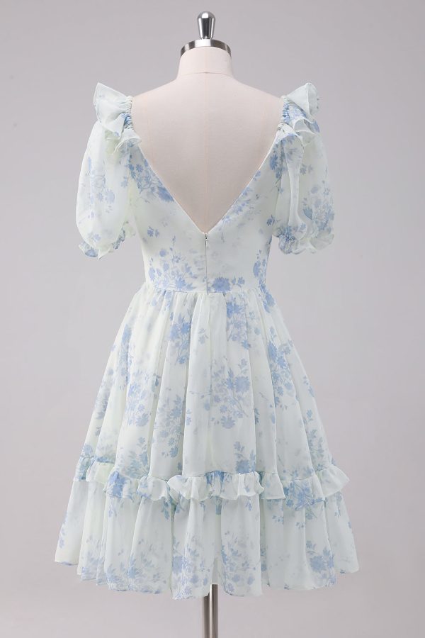 Light Blue Floral Short Homecoming Dress with Short Sleeves For Sale