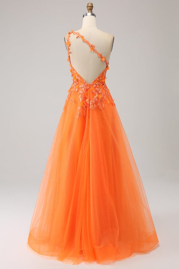 Orange One Shoulder A-Line Tulle Long Prom Dress with Appliques Discount