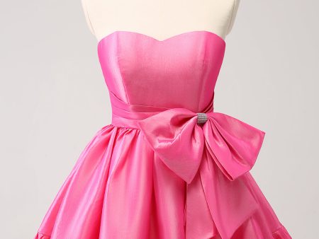 Fuchsia A-Line Strapless Ruffle Short Homecoming Dress with Bow Online Hot Sale