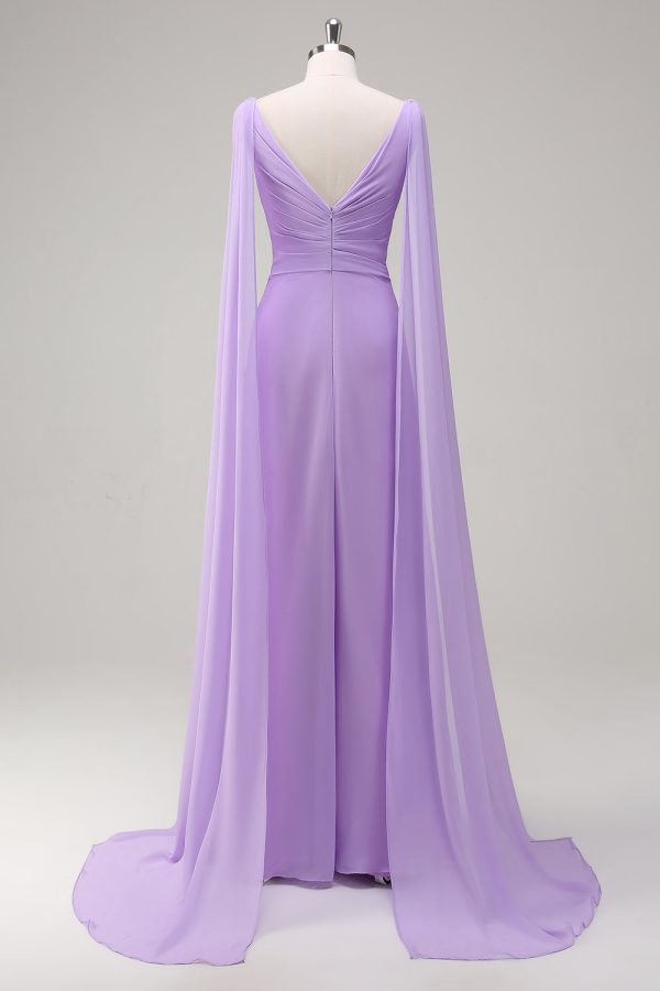 Elegant Lilac Chiffon A-Line Gown with Flowing Cape Sleeves on Sale