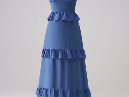 Dark Blue Spaghetti Straps Tiered A-Line Bridesmaid Dress Supply