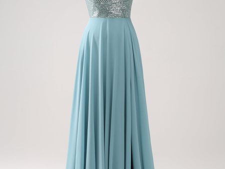 Grey Green A-Line Spaghetti Straps Chiffon Long Bridesmaid Dress with Slit For Cheap