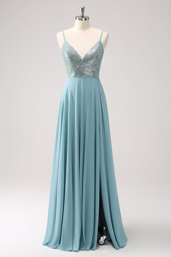 Grey Green A-Line Spaghetti Straps Chiffon Long Bridesmaid Dress with Slit For Cheap