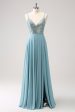 Grey Green A-Line Spaghetti Straps Chiffon Long Bridesmaid Dress with Slit For Cheap