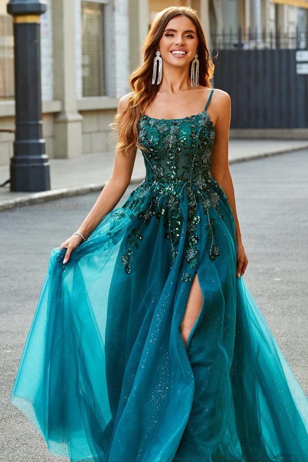 Gorgeous A Line Spaghetti Straps Dark Green Long Prom Dress with Appliques Online now