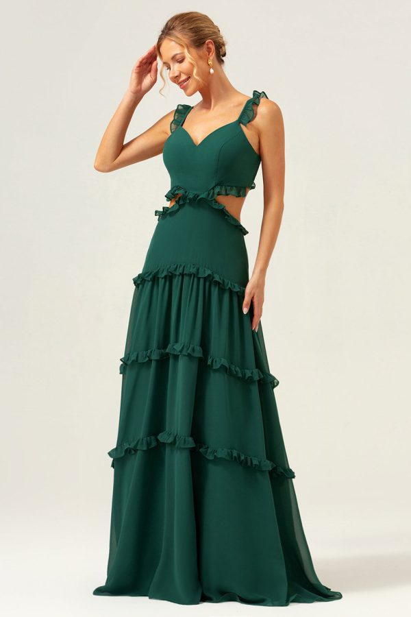 Dark Green A-Line Chiffon Ruffled Long Bridesmaid Dress with Hollow Out Supply