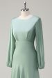 A Line Round Neck Long Sleeves Sage Bridesmaid Dress Online now