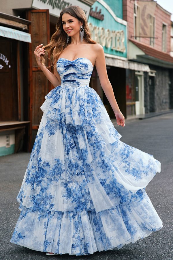 White Blue Flower A-Line Strapless Tiered Long Prom Dress with Bows For Discount