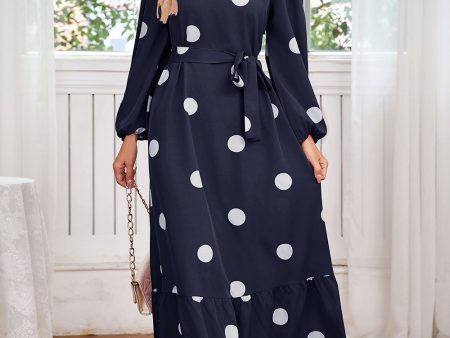 Navy Scoop Neck Polka Dots Long Cocktail Dress with Sash Cheap