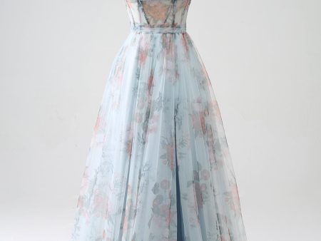 A-Line Blue Printed Cold Shoulder Long Corset Prom Dress with Slit Online Sale