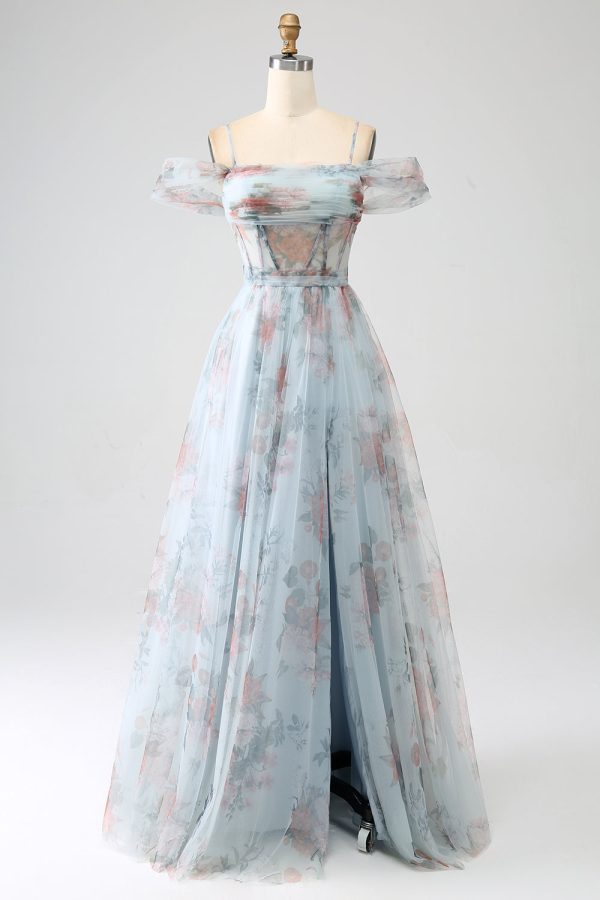 A-Line Blue Printed Cold Shoulder Long Corset Prom Dress with Slit Online Sale