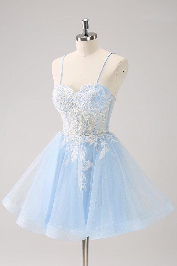 Blue A Line Spaghetti Straps Short Homecoming Dress with Appliques Sale