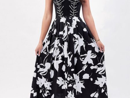 Black White Flower Printed A-Line Spaghetti Straps Party Dress For Sale