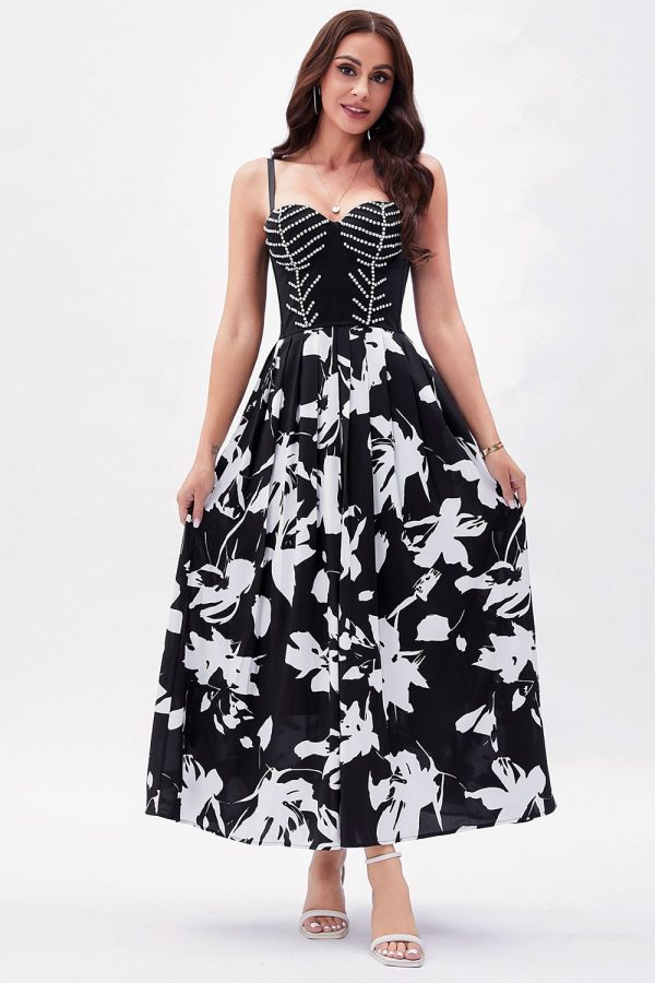 Black White Flower Printed A-Line Spaghetti Straps Party Dress For Sale