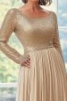 Golden A Line Chiffon Pleated Mother of the Bride Dress with Long Sleeves Cheap