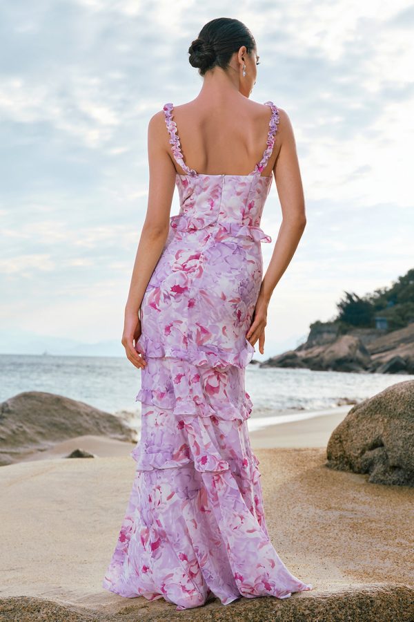 Grey Purple Floral Chiffon Long Bridesmaid Dress with Ruffles Fashion