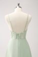 Green Spaghetti Straps A-Line Satin Long Corset Bridesmaid Dress with Slit Online