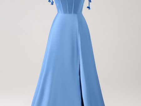 Blue A Line Spaghetti Straps Satin Floor Length Bridesmaid Dress with Slit Fashion