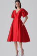 Red A Line Satin Formal Dress with Puff Sleeves For Discount