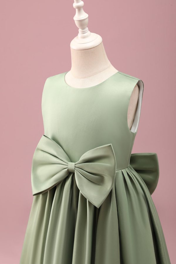 Grey Green A-Line Round Neck Satin Flower Girl Dress with Bow Online