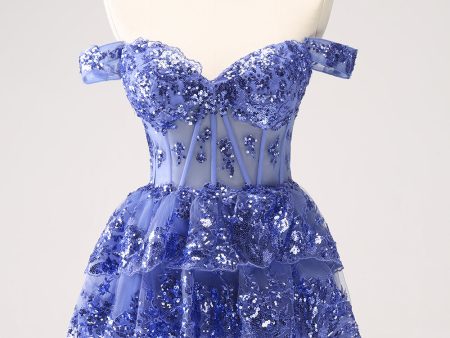 Sparkly A Line Off the Shoulder Dark Blue Corset Homecoming Dress with Ruffles Discount