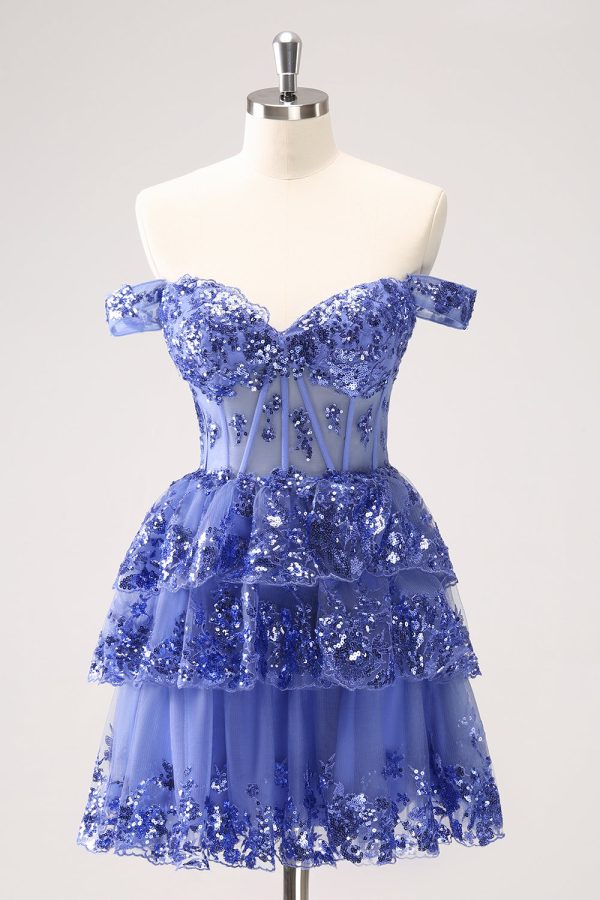 Sparkly A Line Off the Shoulder Dark Blue Corset Homecoming Dress with Ruffles Discount