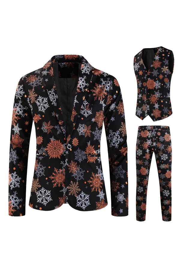 Black Snowflake Printed 3 Pieces Men s Christmas Suit Discount