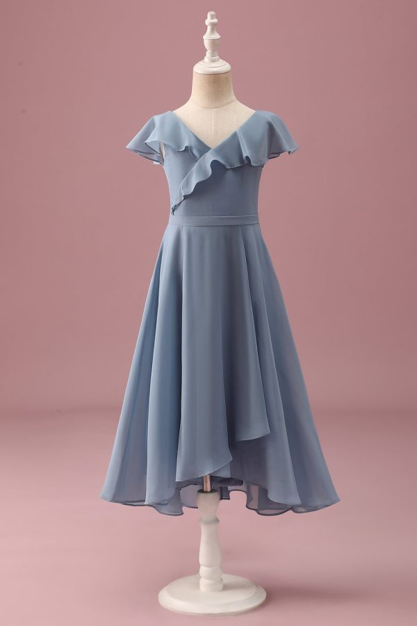 Dusty Blue Chiffon V Neck Wrap Short Junior Bridesmaid Dress with Flutter Sleeves Discount