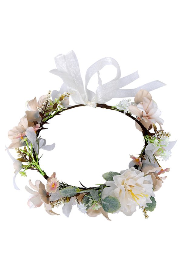 Champagne Floral Wreath Garland Bride Headband with Ribbon Hot on Sale