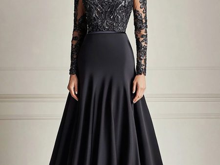 Sparkly Black A-Line Long Sleeves Satin Long Mother of the Bride Dress with Lace Appliques For Sale