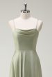 Dusty Sage A Line Satin Spaghetti Straps Long Bridesmaid Dress For Discount