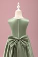 Grey Green A-Line Round Neck Satin Flower Girl Dress with Bow Online