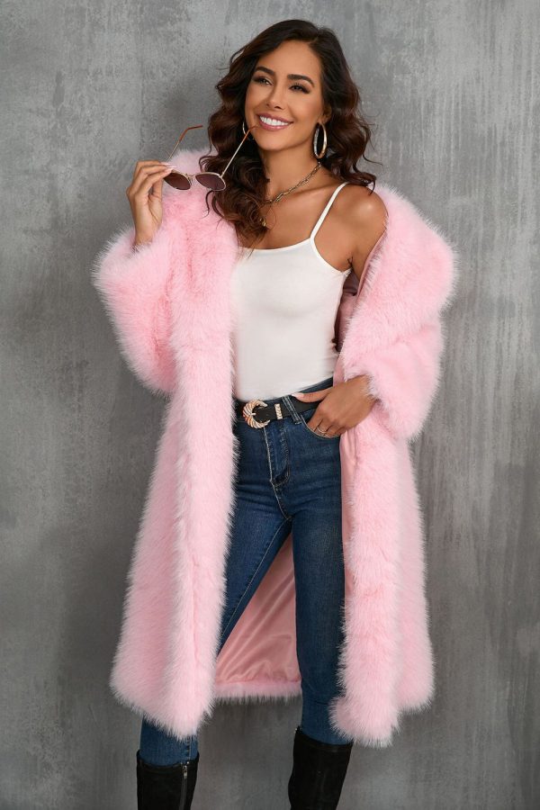 Camel  Notched Lapel Long Faux Fur Long Shaggy Women Coat Discount