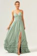 Dusty Sage Halter Corset Ruffled Long Bridesmaid Dress with Slit Discount