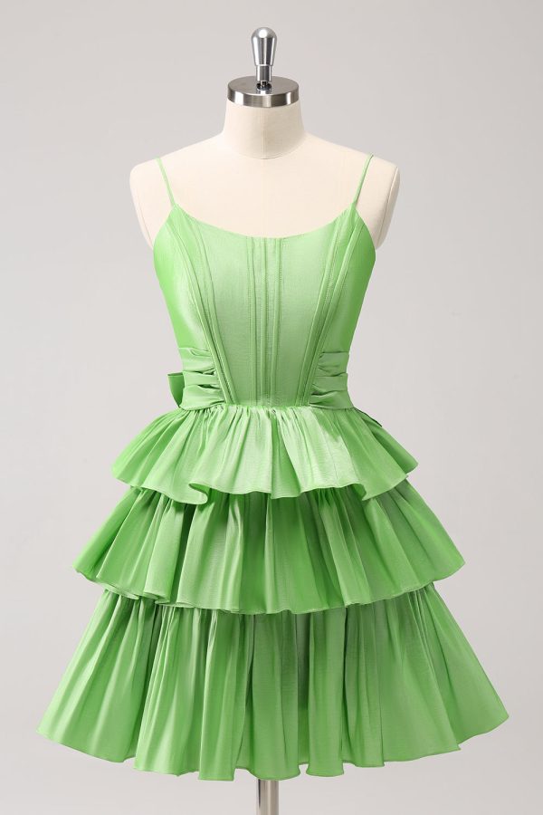 Cute A Line Corset Green Pleated Tiered Short Homecoming Dress with Bows on Sale