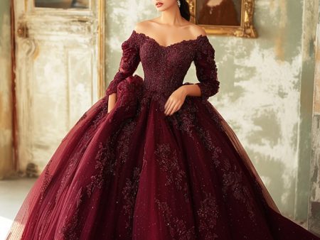 Sparkly Burgundy Lace Off The Shoulder Quinceanera Dress with 3 4 Sleeves For Discount