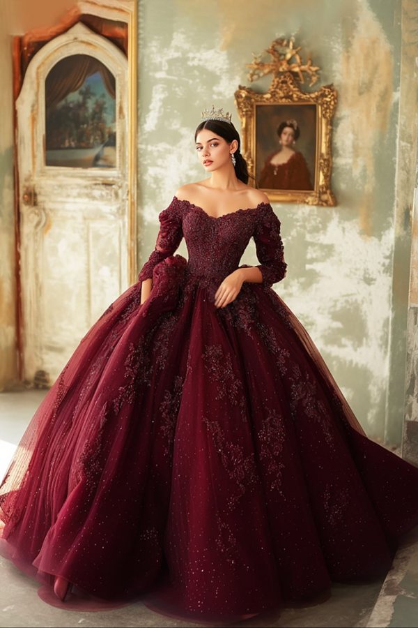 Sparkly Burgundy Lace Off The Shoulder Quinceanera Dress with 3 4 Sleeves For Discount