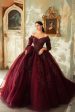 Sparkly Burgundy Lace Off The Shoulder Quinceanera Dress with 3 4 Sleeves For Discount