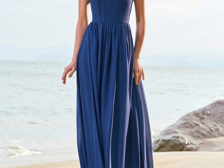 A-Line Square Neck Corset Dark Blue Long Bridesmaid Dress with Lace Up Back Online Sale