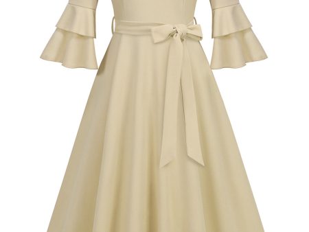 Apricot A-Line V-neck Half Sleeves Midi 1950s Dress Supply