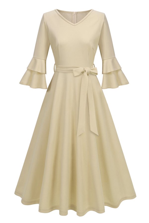 Apricot A-Line V-neck Half Sleeves Midi 1950s Dress Supply